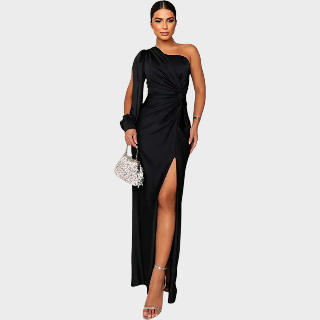 Rasa – Eleganten dolg večerni plašč z enim ramenom