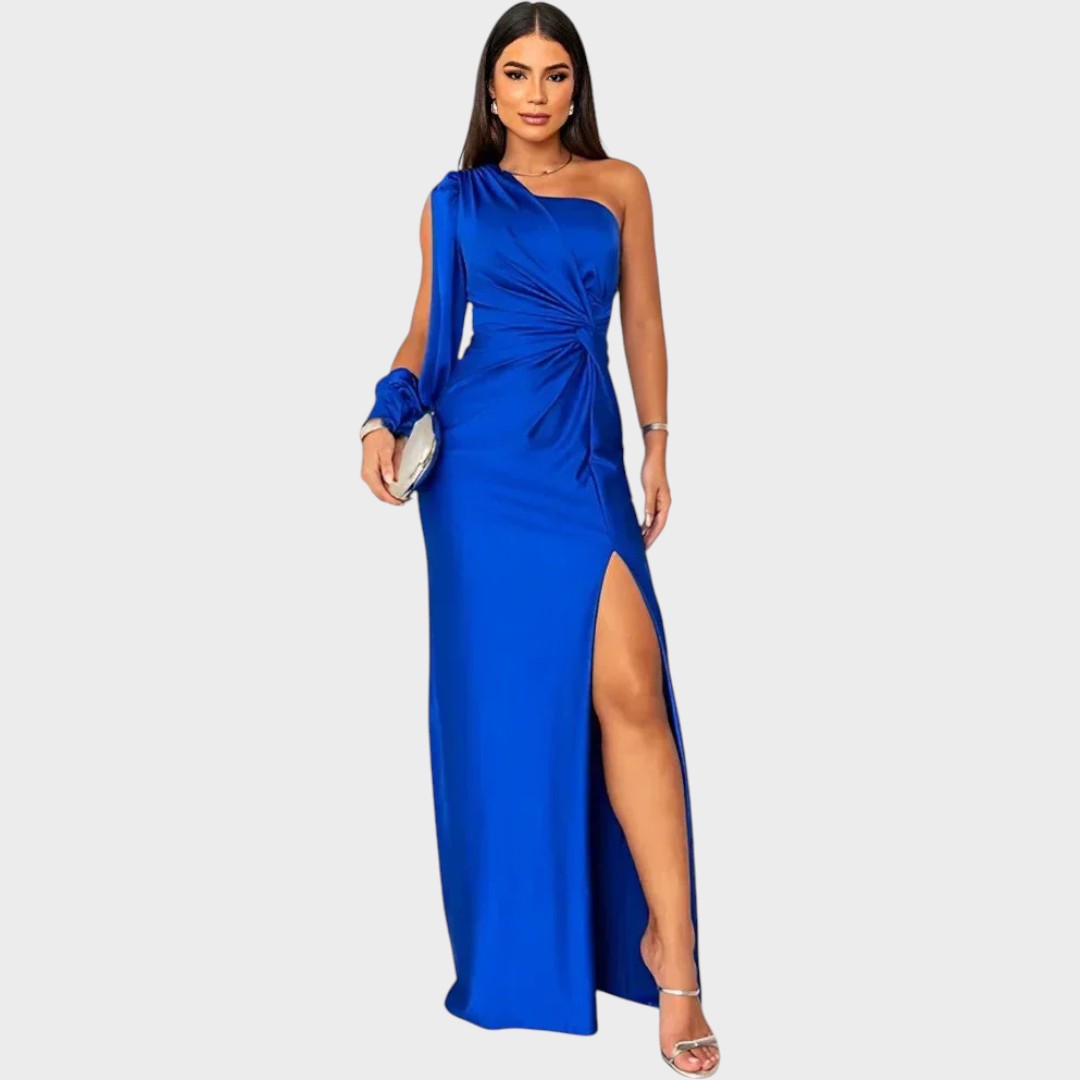 Rasa – Eleganten dolg večerni plašč z enim ramenom